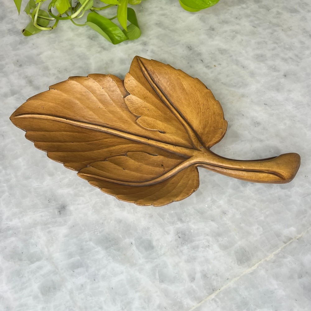 Vintage Carved Wooden Leaf Tray Decorative Wood Leaf Dish With Handle